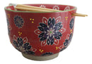 Red Chrysanthemum Floral Art Large 24Oz Donburi Ramen Bowl With Chopsticks Set