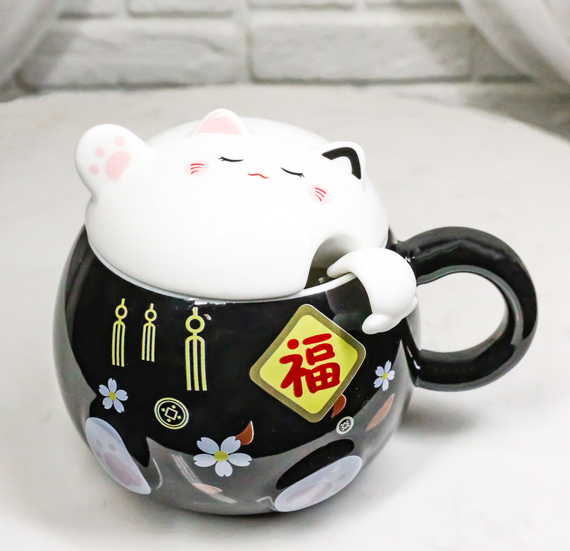 Black Maneki Neko Beckoning Lucky Cat Mug Cup With Kitty Lid And Stirring Spoon