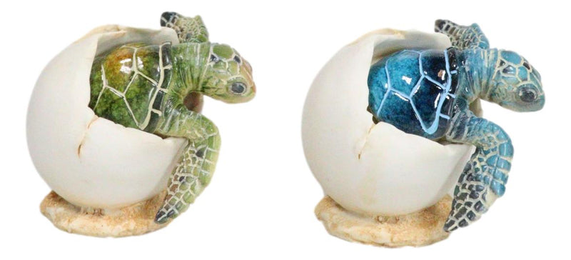 Pack Of 2 Marine Blue And Green Sea Turtle Hatchlings In Egg Shells Figurines