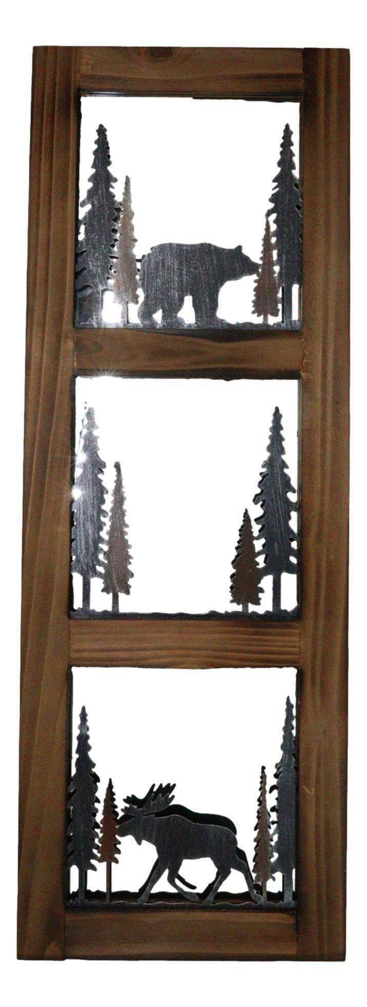 Large 30"H Western Rustic Bear And Moose In Pine Trees Forest Wooden Wall Mirror