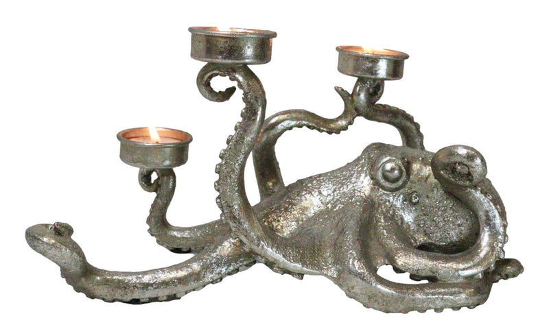 Contemporary Silver Marine Ocean Octopus Tentacles Trio Votive Candle Holder