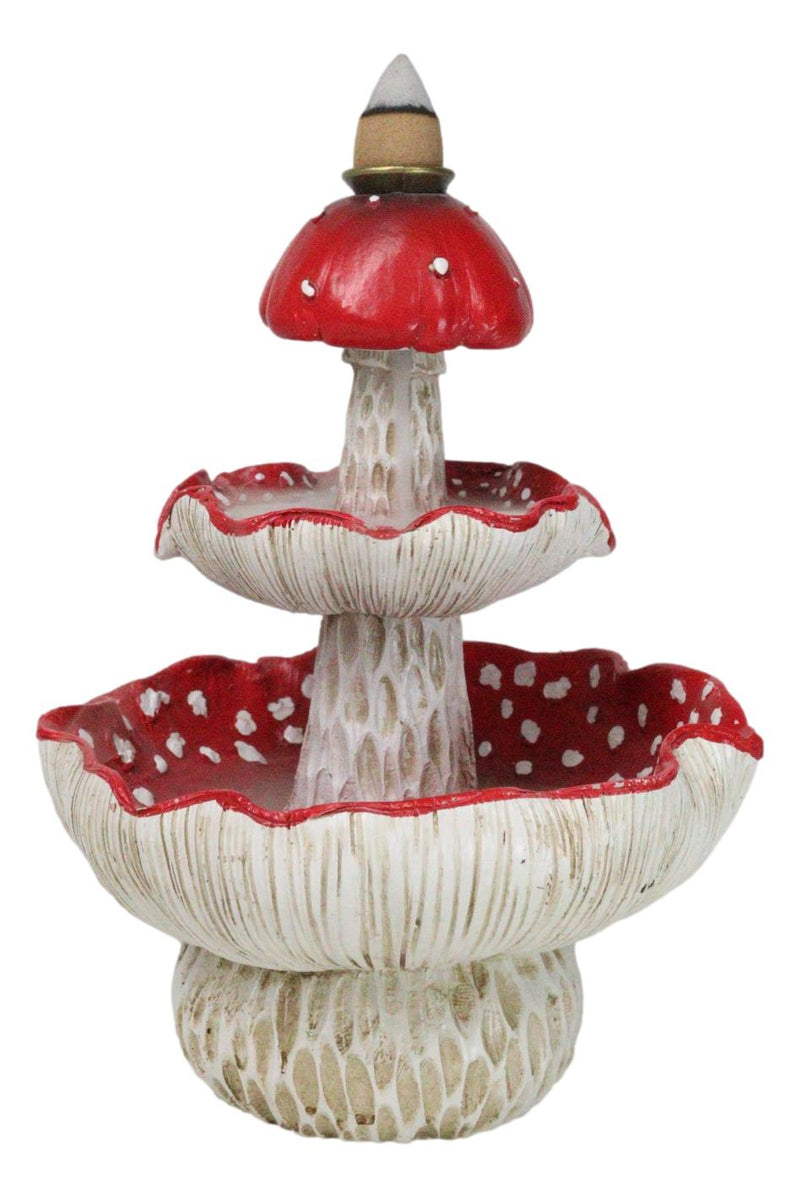 Enchanted Fairy Garden Red 3 Tiered Toadstool Mushrooms Backflow Incense Burner