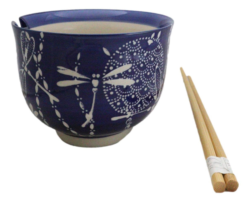 Auspicious Blue Tombo Dragonfly Ceramic Donburi Ramen Bowl With Chopsticks Set