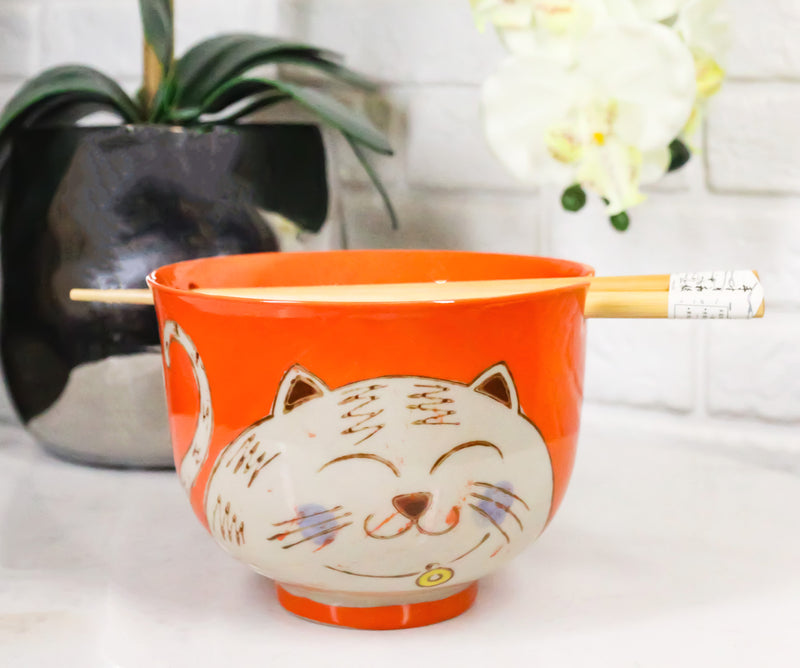 Orange Chubby Kitty Cat Ceramic Donburi Ramen Soup Bowl With Chopsticks Set