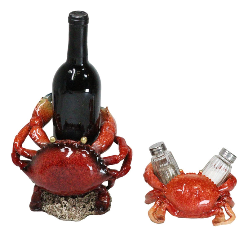 Set Of 2 Ocean Marine Stone Crab Wine Bottle And Salt Pepper Shakers Holders