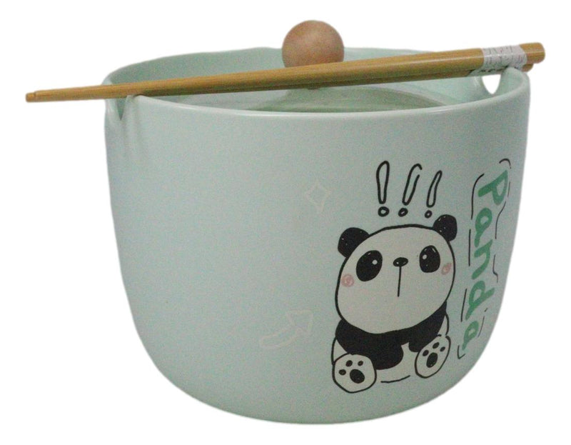 Green Curious Lucky Panda Donburi Ramen Soup Bowl With Chopsticks And Lid