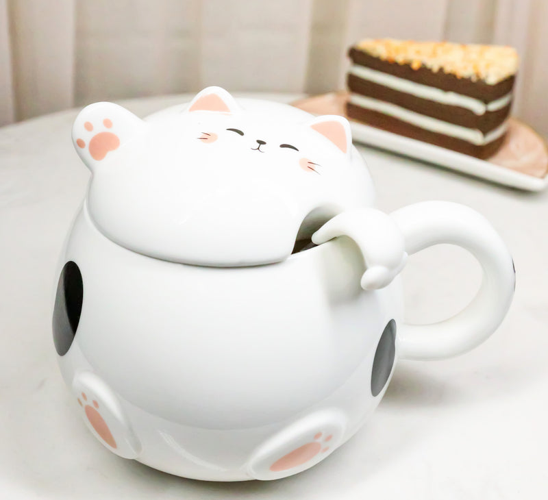 Whimsical White Chubby Feline Kitty Cat Cup Mug With Lid And Stirring Spoon