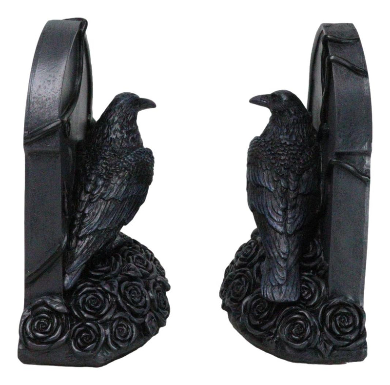 Dark Prophecy Raven Crow Perching On Black Roses Tombstone Figurine Bookends