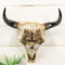 Rustic Western Tribal Buffalo Bull Cow Skull With Gray Wolf Carving Wall Decor