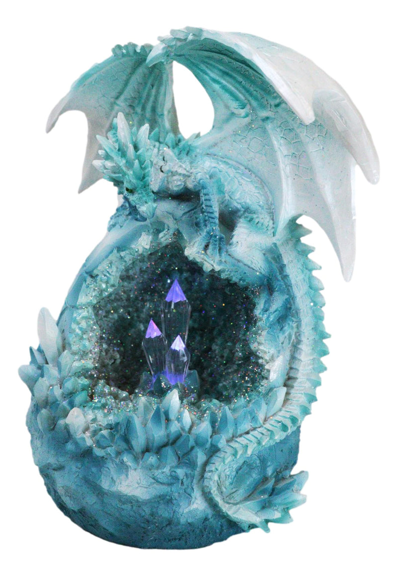 Winter Snow Dragon Resting On Frozen Snow Geode Egg With LED Crystals Figurine