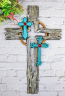 Rustic Western Faux Distressed Wood Rope Wreath Turquoise Layered Wall Cross