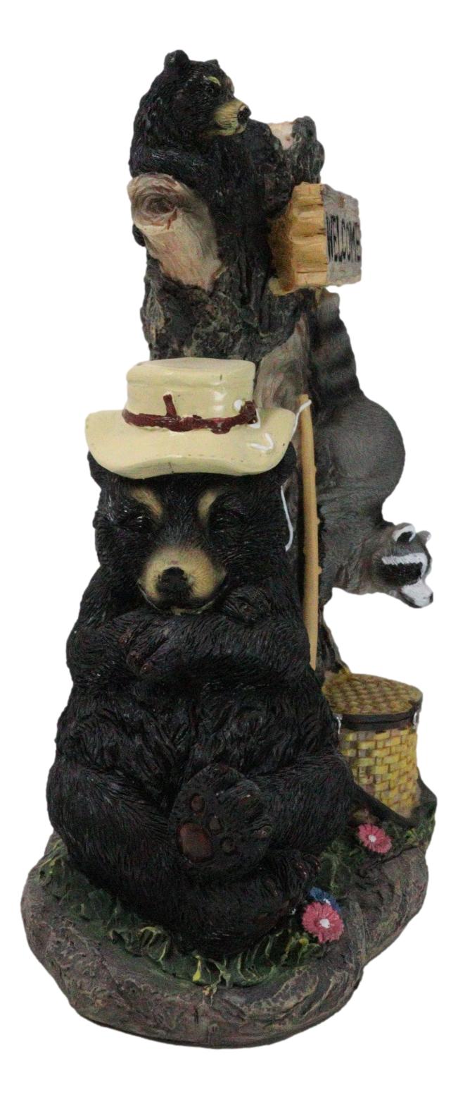 Forest Sleeping Black Bear With Cub On Tree And Sneaky Raccoon Welcome Figurine