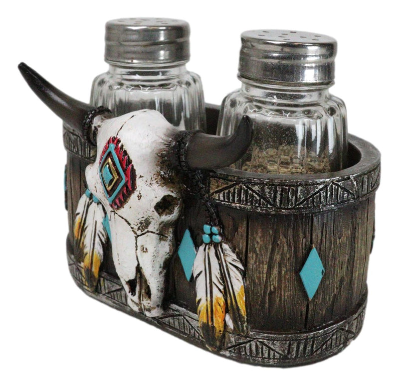 Southwestern Tribal Indian Bison Skull With Feathers Salt Pepper Shakers Holder