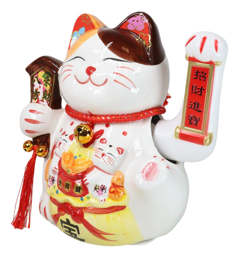 Japanese Lucky Charm White Beckoning Cat Maneki Neko With Waving Arm Figurine 9"