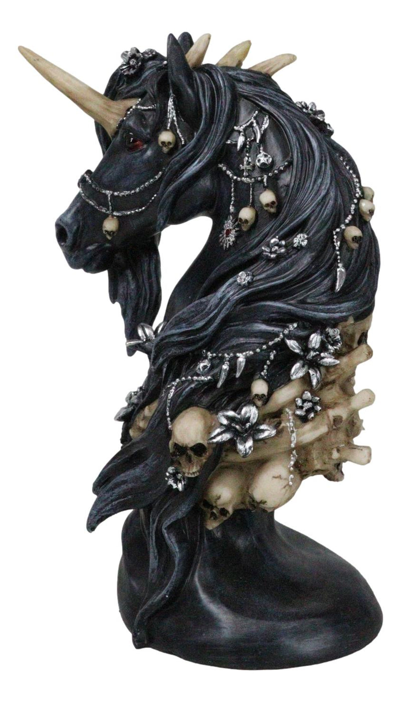 Macabre Black Dark Unicorn Horse With Skeleton Bones And Skulls Bust Figurine