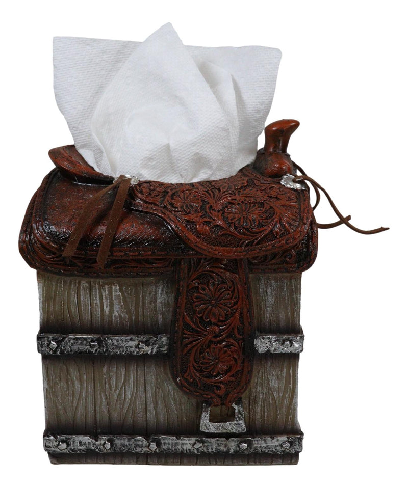 Rustic Western Faux Leather Cowboy Horse Saddle On Crate Tissue Box Holder Cover