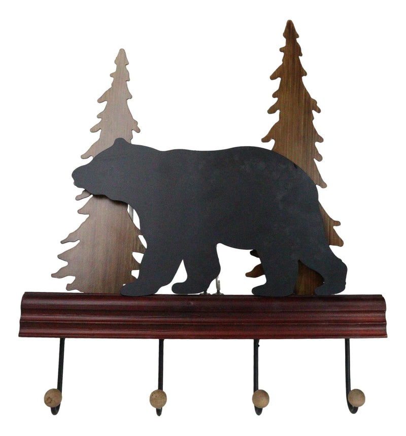 Rustic Western Black Bear Roaming Pine Forest 4 Pegs Wooden Wall Hooks Plaque