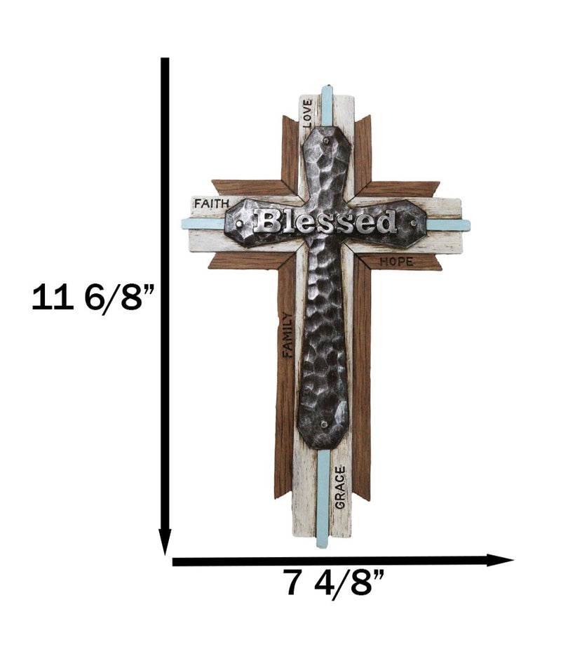 Rustic Western Faux Wood Blessed Faith Love Hope Family Grace Layered Wall Cross