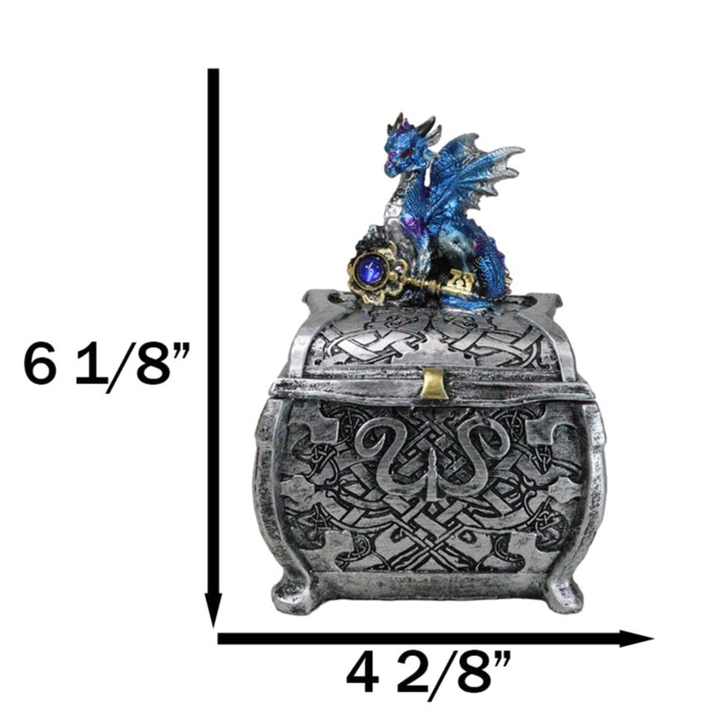 Metallic Blue Ocean Dragon Holding Rune Key On Treasure Chest Trinket Box