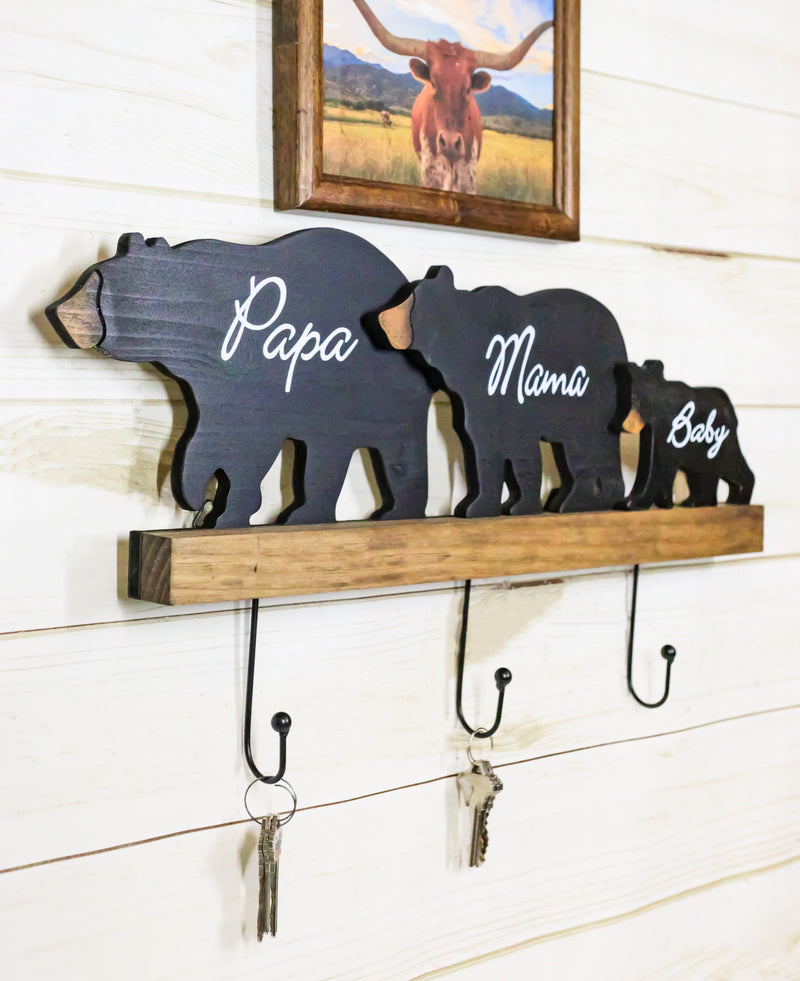 Rustic Forest Black Bear Family Papa Mama Baby Silhouette 3 Pegs Wall Hooks 20"L