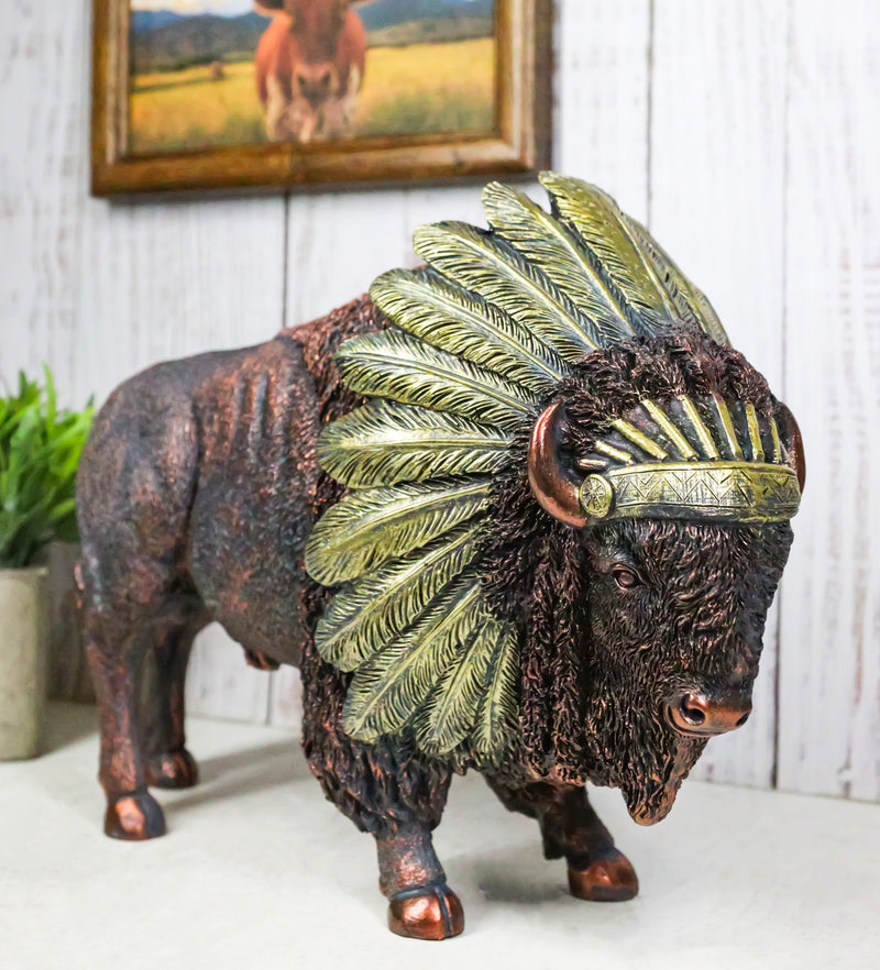 Bison Buffalo With Indian Chieftain Roach Headdress Decorative Figurine 12"L