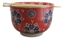 Red Chrysanthemum Floral Art Large 24Oz Donburi Ramen Bowl With Chopsticks Set