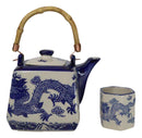 Heavenly Blue Oriental Ryu Dragon King Hexagonal Teapot With 4 Tea Cups Set