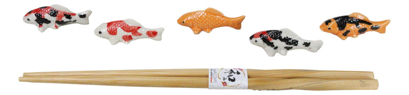 5 Pairs Of Colorful Japanese Koi Fishes Ceramic Rests With Wooden Chopsticks Set