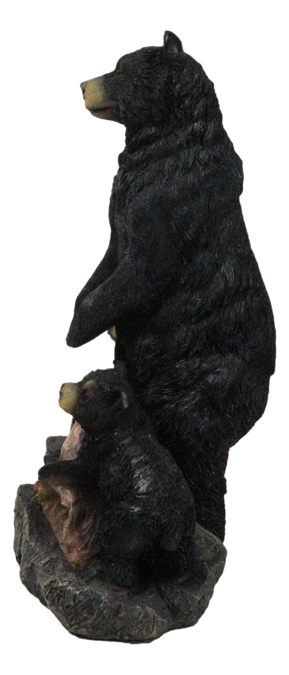 Rustic Forest Standing Black Bear and 2 Cubs On Faux Wooden Log Bridge Figurine