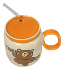 Whimsical Brown Bear Anime 16oz Orange Ceramic Mug Cup With Lid And Glass Straw