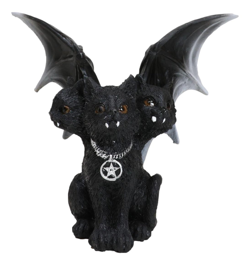 Wicca Three Headed Hydra Black Cat With Wings And Pentagram Necklace Figurine