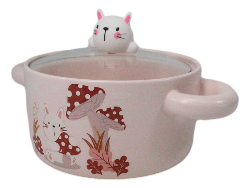 Ceramic Pink Rabbit In Mushroom Forest 30oz Noodle Dessert Bowl W/ Glass Lid