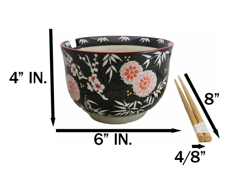 Black Blossoms Floral Design Large 24Oz Donburi Ramen Bowl With Chopsticks Set