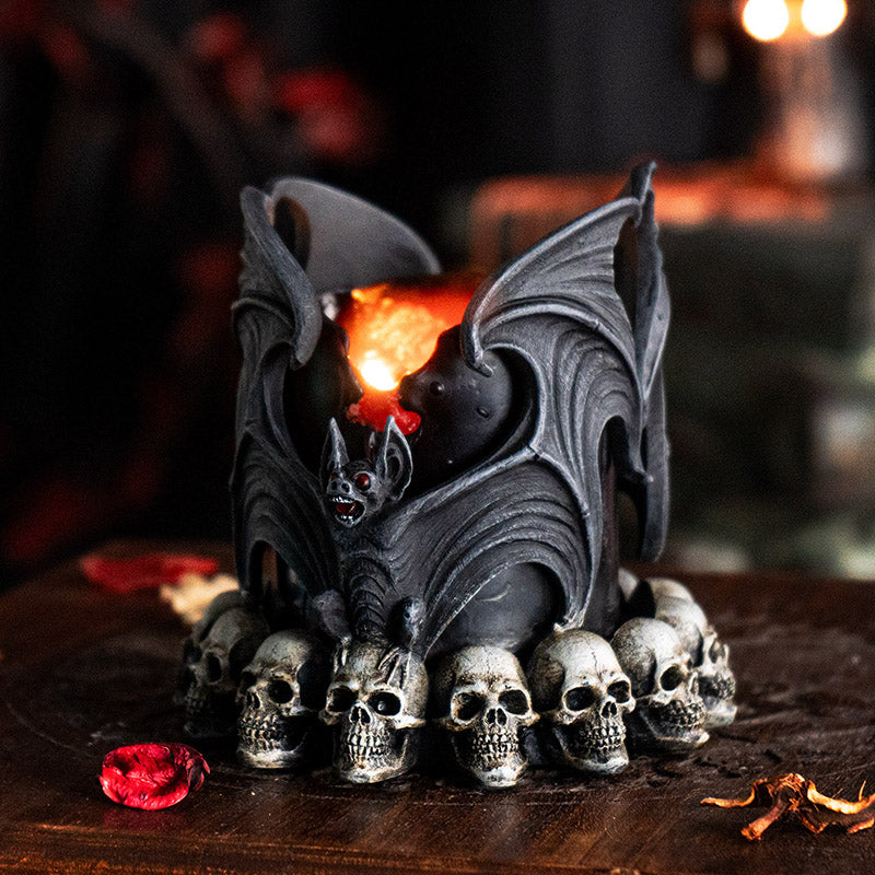 Gothic Cathedric Twin Bats On Graveyard of Skulls Candle Or Wine Bottle Holder