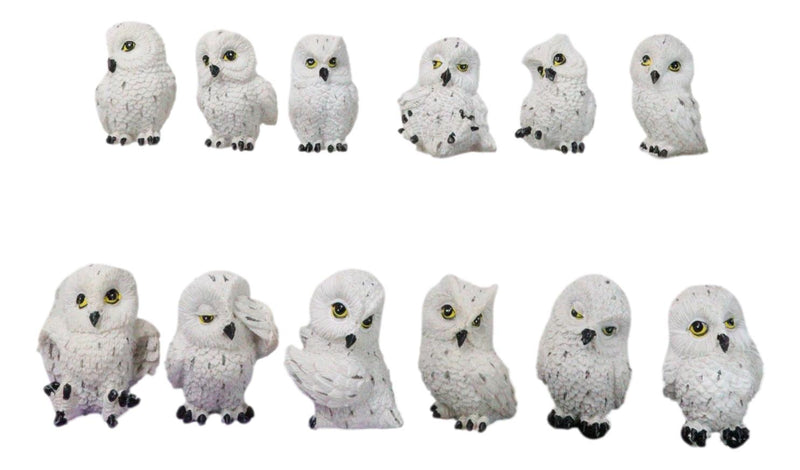 Set Of 12 Wisdom Of The Tundra Forest Arctic Snow White Owls Mini Figurines