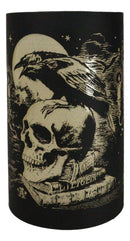 Gothic Poe's Raven On Skull And Books Of Bibliography LED Etched Glass Lantern