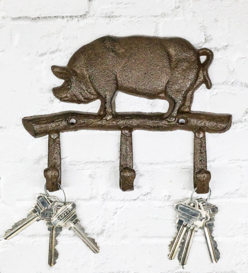 Cast Iron Rustic Farmhouse Hog Boar Pig 3 Peg Wall Hooks Organizer Hanger Plaque