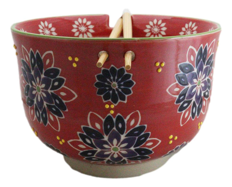 Red String Flowers Floral Art Large 24Oz Donburi Ramen Bowl With Chopsticks Set