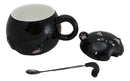 Whimsical Black Chubby Feline Kitty Cat Cup Mug With Lid And Stirring Spoon