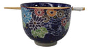 Purple Colorful Flowers In Wind Ceramic Donburi Ramen Bowl With Chopsticks Set