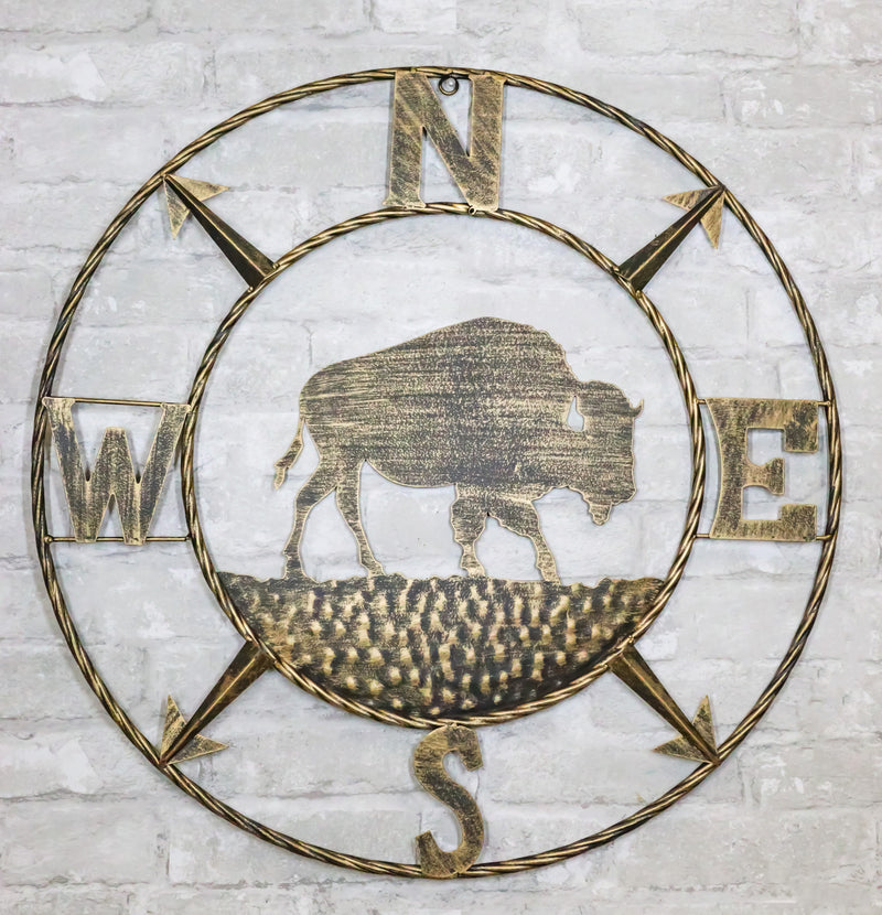 Bison Buffalo with N-S-E-W Compass Cardinal Directions Metal Wall Circle Sign