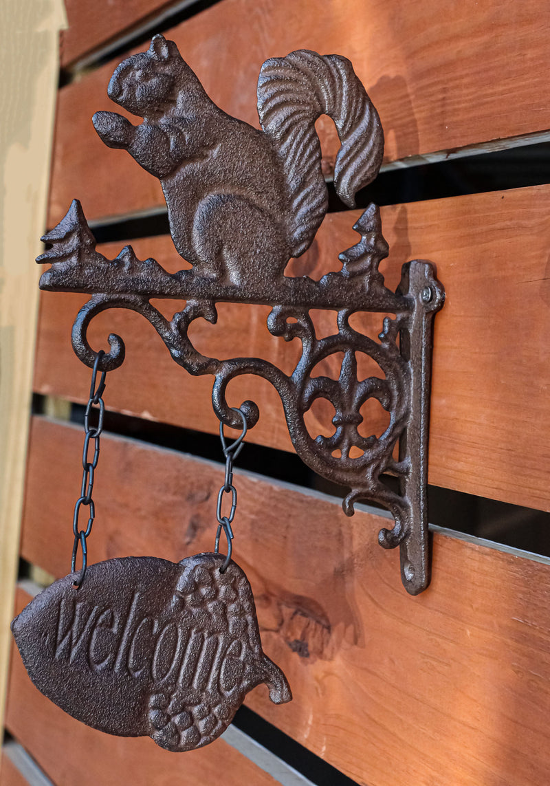 Cast Iron Rustic Farmhouse Squirrel Welcome Acorn Fleur De Lis Wall Bracket Sign