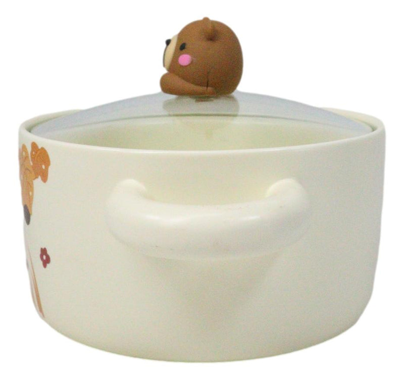 Autumn Brown Bear With Acorns Donburi Ramen Soup Bowl With Glass Lid And Handles