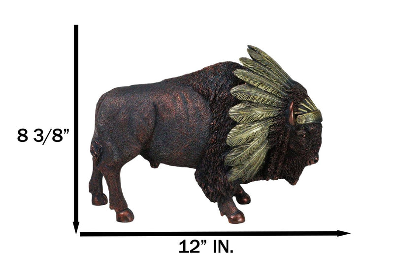 Bison Buffalo With Indian Chieftain Roach Headdress Decorative Figurine 12"L