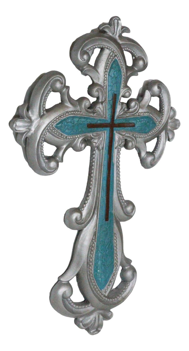 Southwestern Silver Fleur De Lis Scroll Art With Layered Turquoise Wall Cross