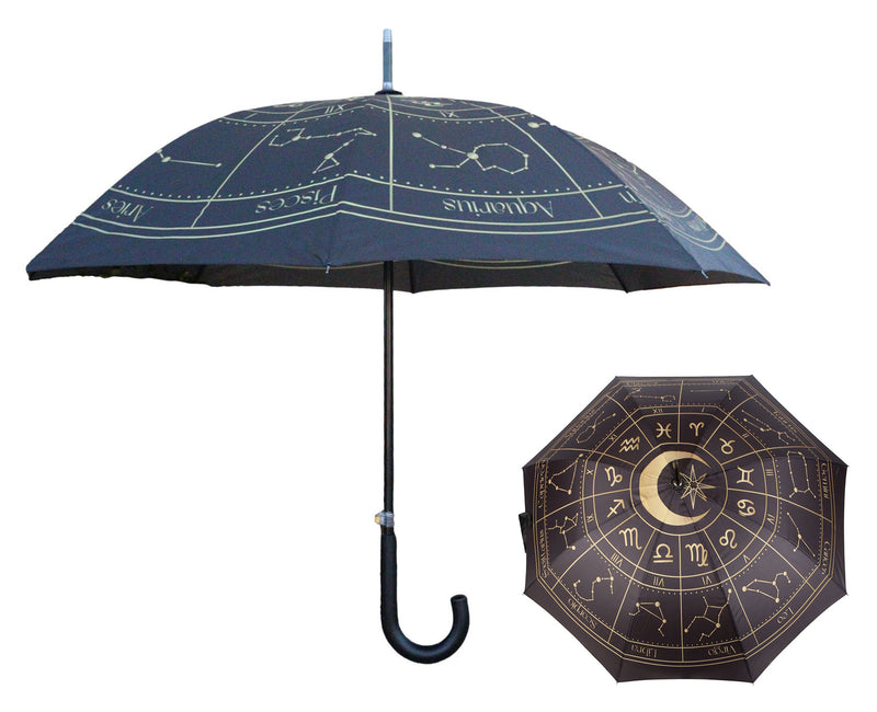 Wicca Magic Black Gold Astrology Wheel Sacred Symbols Constellations Umbrella