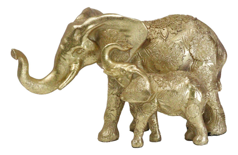 Royal Gold Mandala Ornate Design Elephant and Calf with Trunks Up Figurine