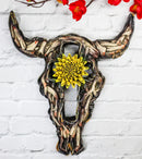 Rustic Buffalo Cow Skull With Yellow Flower And Cross Faux Wooden Wall Decor