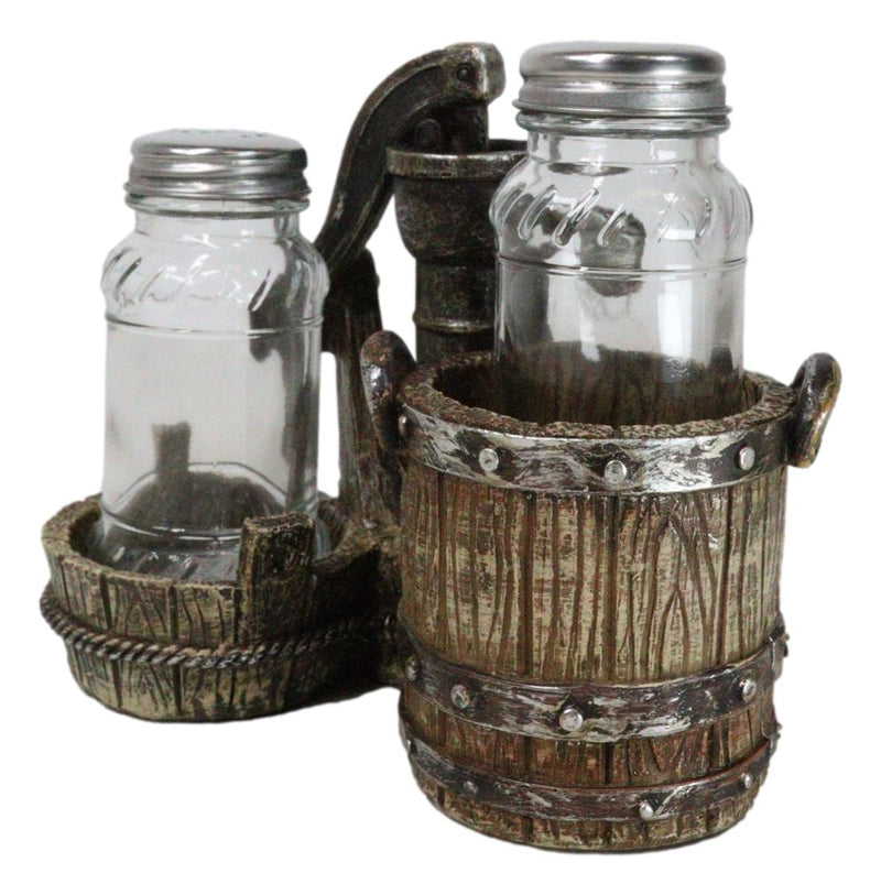 Old Fashioned Water Pump With Horseshoes By Barrels Salt Pepper Shakers Set