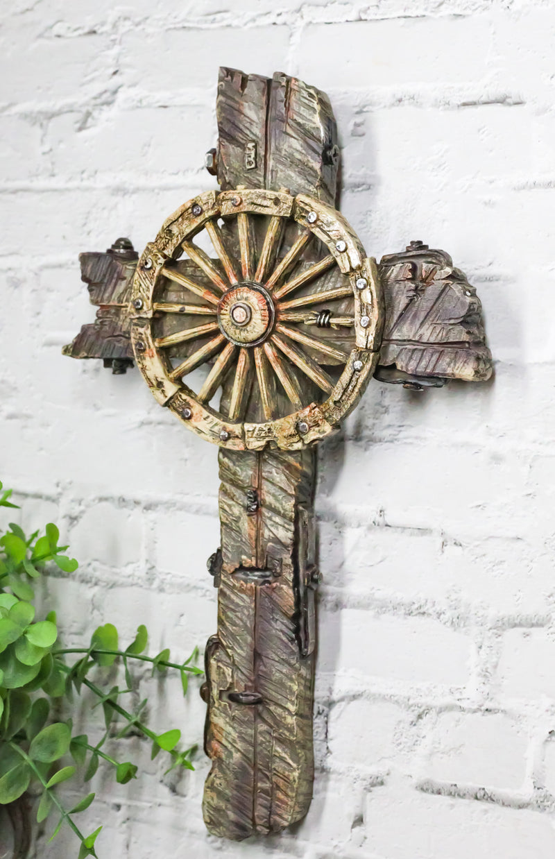 Rustic Western Vintage Country Cowboy Wagon Wheel Faux Wooden Wall Cross Plaque